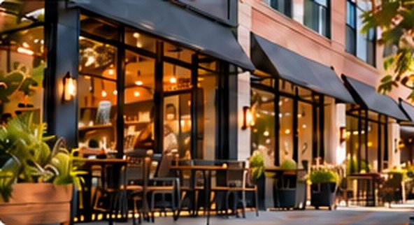 A restaurant storefront with outdoor seating